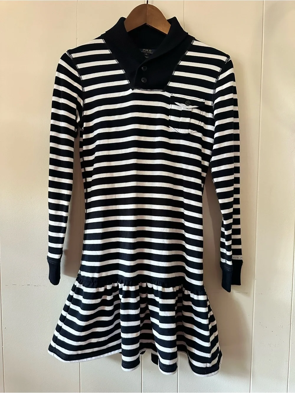 Polo Ralph Lauren Navy Blue & White Striped Shawl Neck Drop Waist Knit Dress